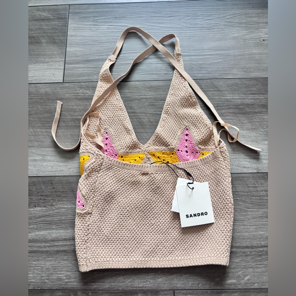 Sandro Paris Beige Crochet Halter Top with Pink & Yellow Star Panels 0 - Picture 3 of 6